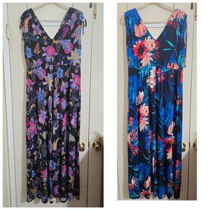2 IMAN Global Chic Drapey Tiered Floral Dresses Pink Blue Large